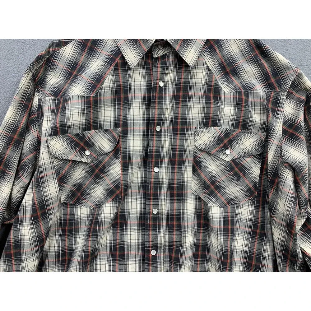 Vtg Rock Creek Ranch Pearl Snap Shirt Big Mens 2XL Green Gray Plaid Top Cowboy